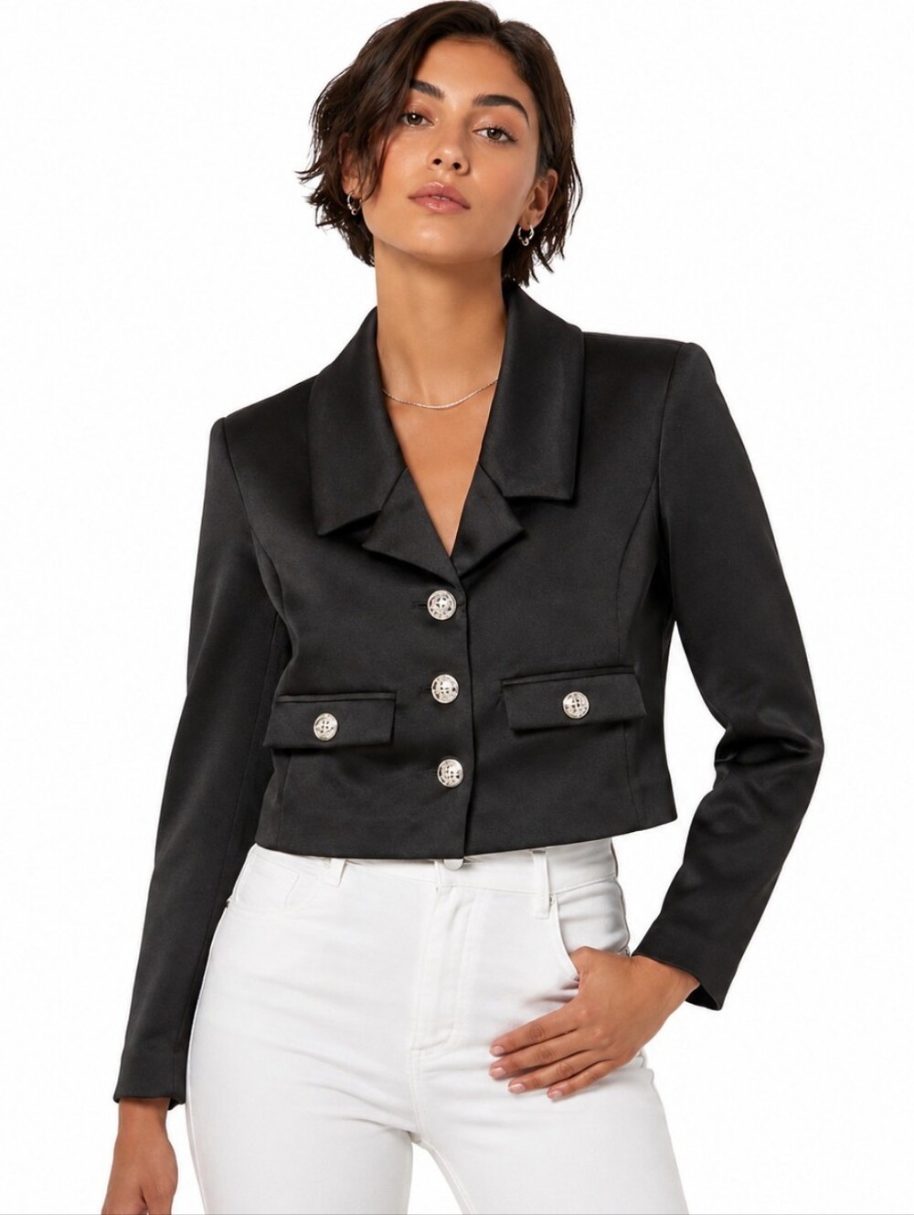 Black Cropped Button Jacket 8P